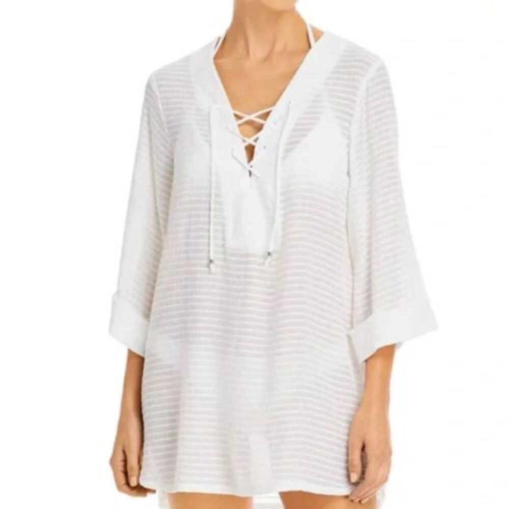 J Valdi White Striped Lace Up Swim Coverup Size Large